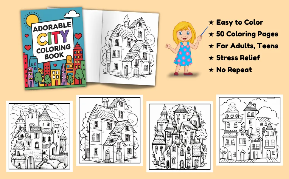 Adorable City Coloring Book for Adults & Kids - Cute Travel Scenes